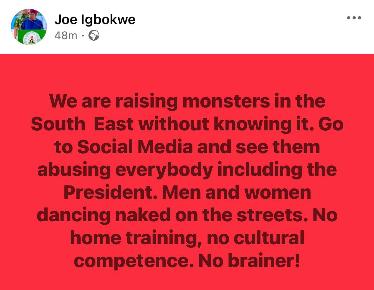 We are raising monsters in the South East without knowing it. No home training, no cultural competence. No brainer!- APC chieftain, Joe Igbokwe